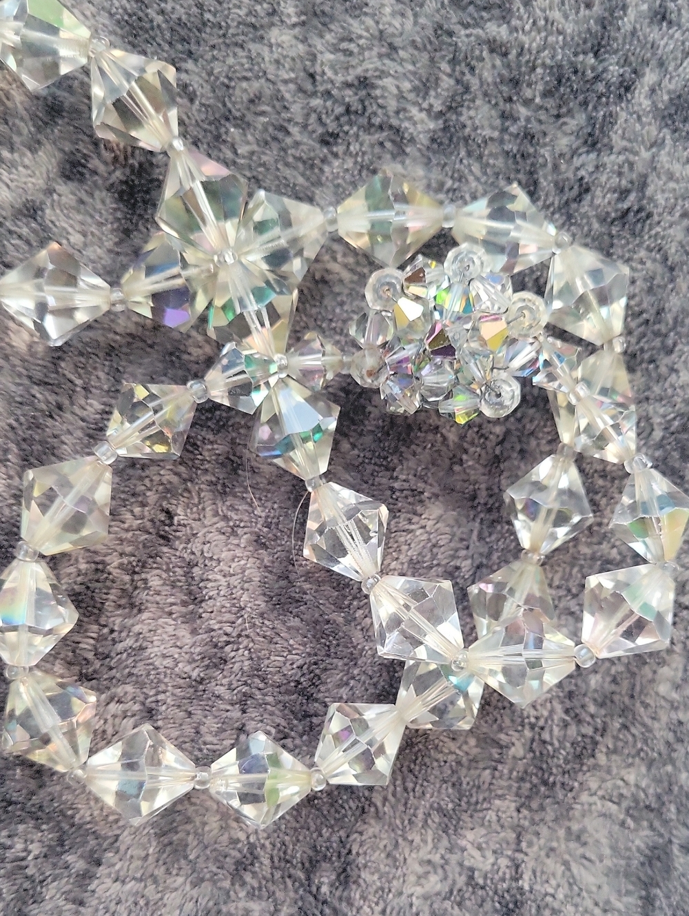 Vintage Estate Facetted AB Crystal W/Floral Cluster Clasp Signed